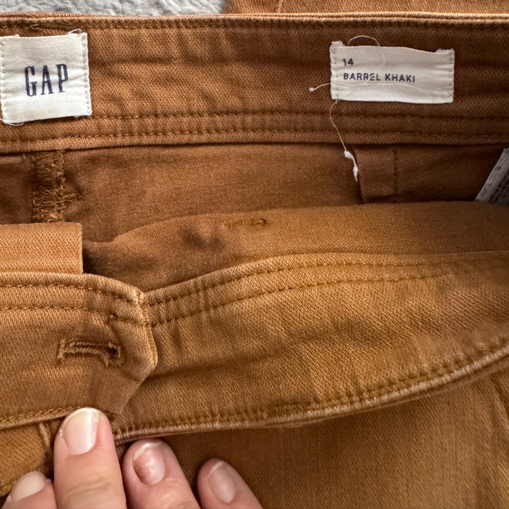 Well-worn GAP Barrel Khaki in Camel/cognac color